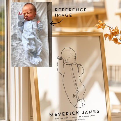 Framed line drawing of a baby with a reference photo above it, placed on a surface with a blurred background.